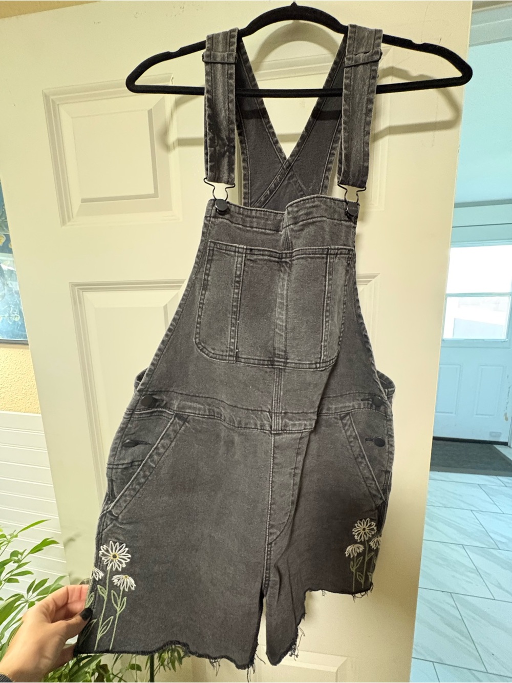 Women's Washed Black Denim Overall Shorts with Floral Embroidery
